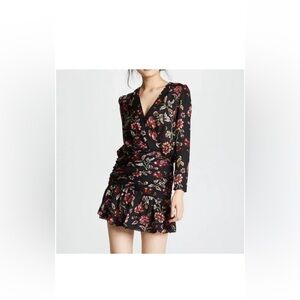 A.L.C. Black Floral Long Sleeve Ruched Silk Mini Dress size 8